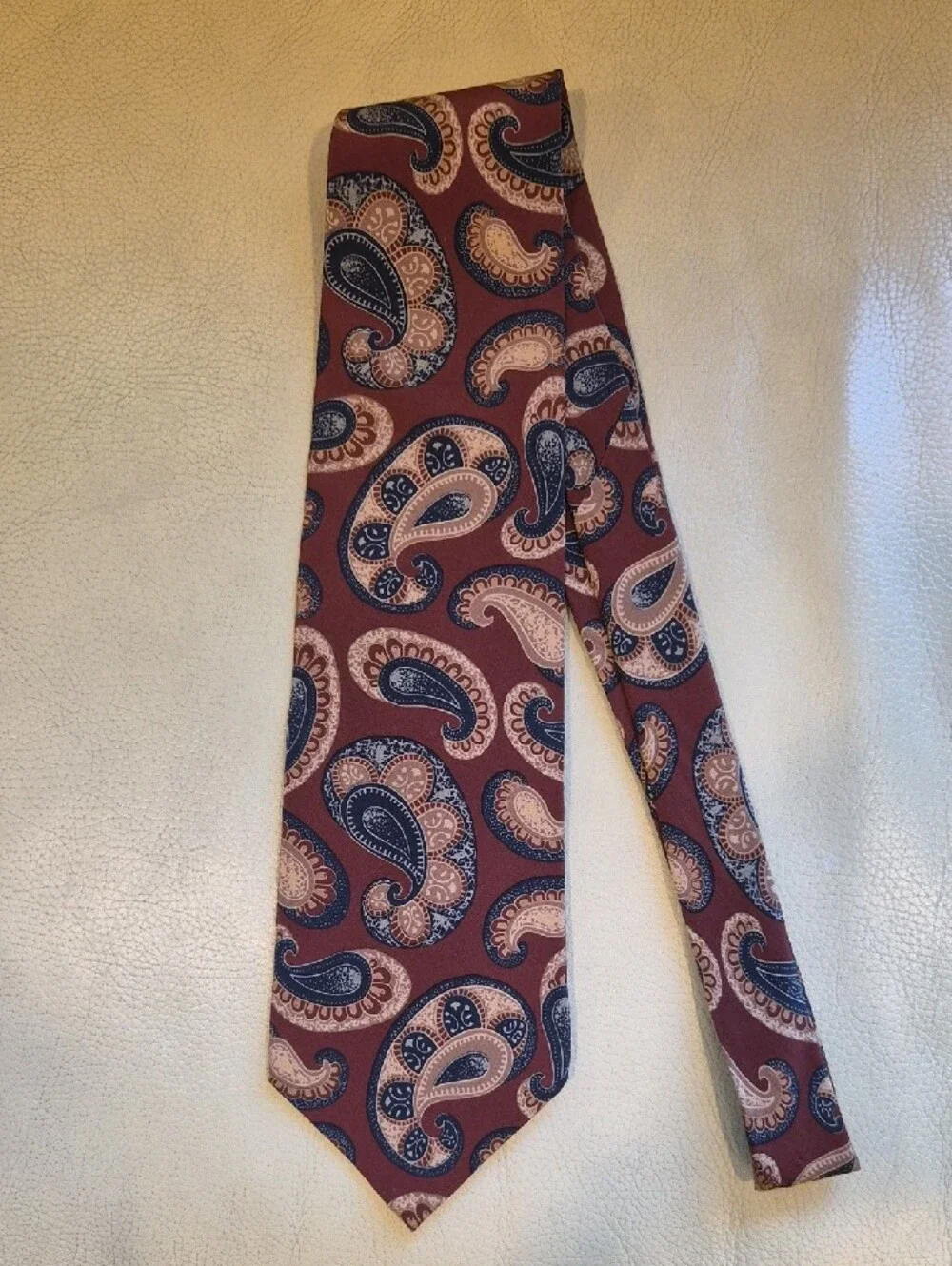 Vintage Burberrys Of London Burgundy Paisley Silk Tie with Navy and Cream Accent
